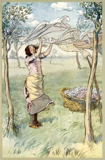 Lavo, exprimo... Y lo hago todo yo misma, de Las alegres comadres de Windsor, pub. 1910 de Hugh Thomson